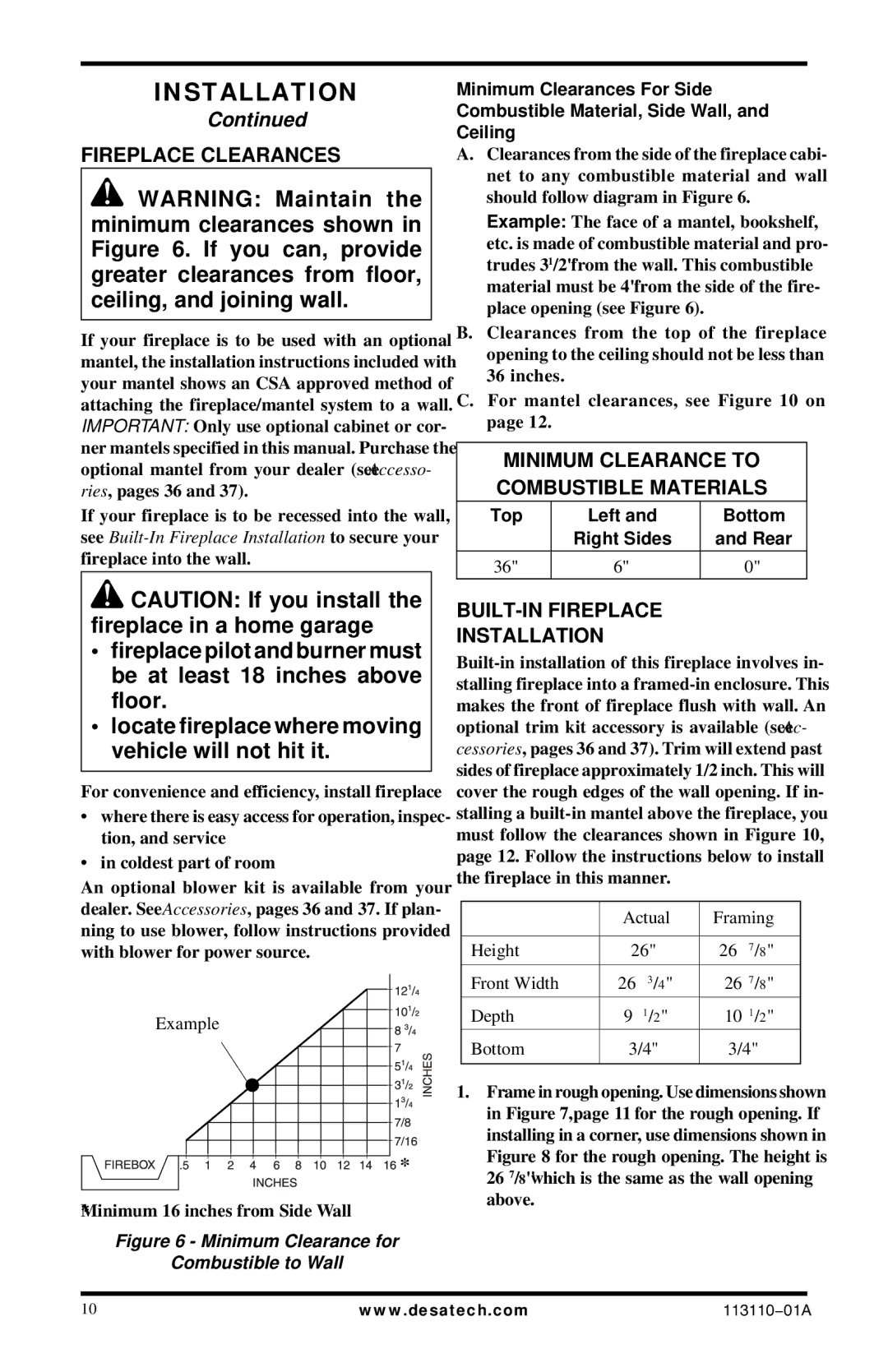 Desa VMH26PRB, EFS26NRA Fireplace Clearances, Minimum Clearance to Combustible Materials, BUILT-IN Fireplace Installation 