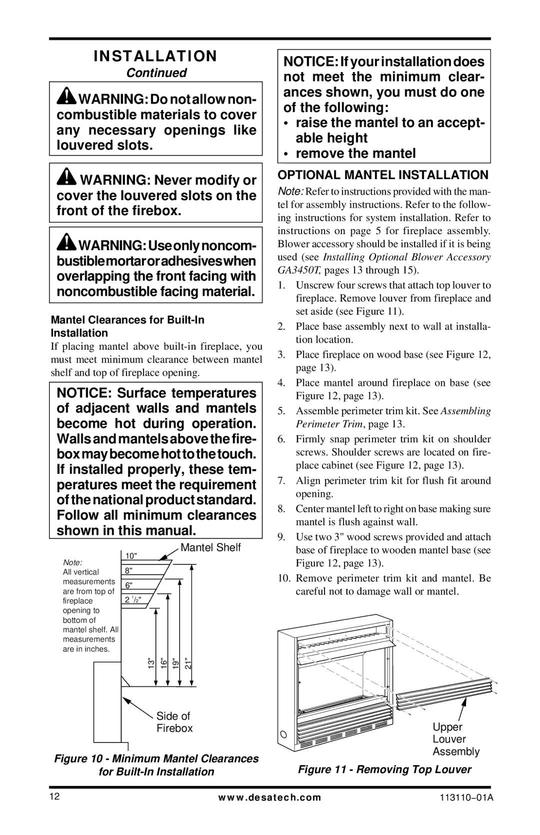 Desa EFS26NRA, EFS26PRA, VMH26PRB, VMH26NRB Optional Mantel Installation, Mantel Clearances for Built-In Installation 