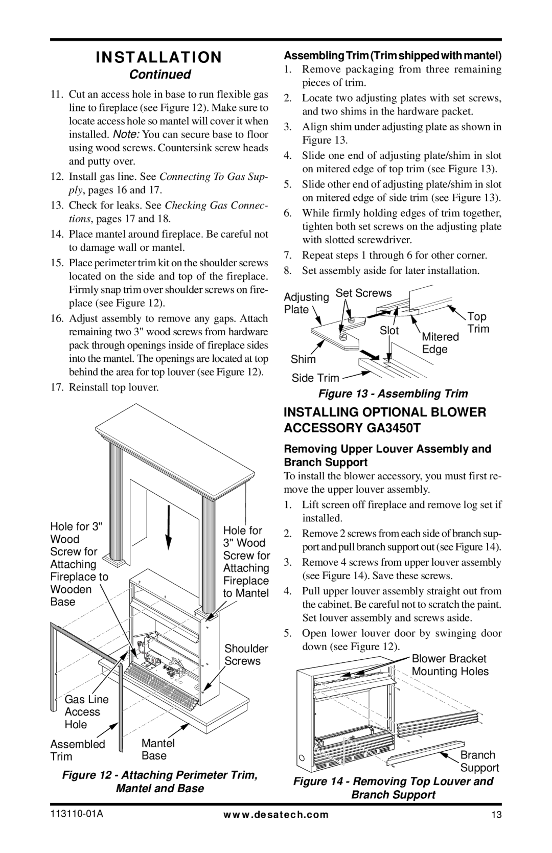 Desa EFS26PRA, EFS26NRA, VMH26PRB Installing Optional Blower Accessory GA3450T, AssemblingTrimTrimshippedwithmantel 