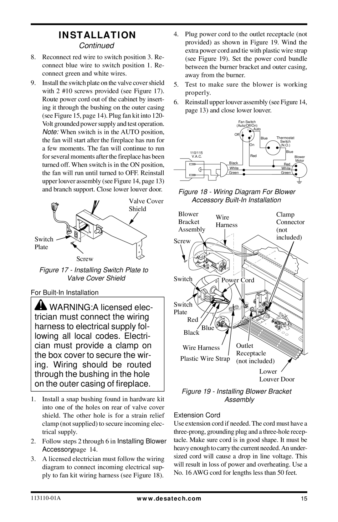 Desa VMH26NRB, EFS26NRA For Built-In Installation, Test to make sure the blower is working properly, Extension Cord 