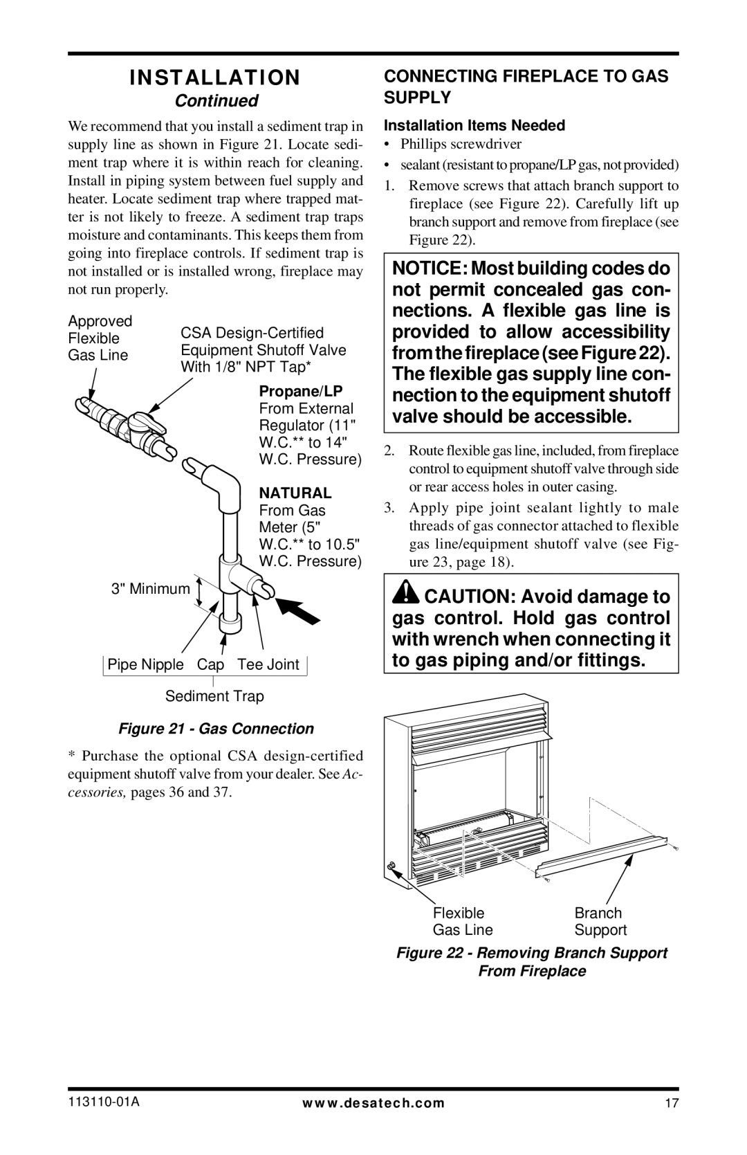 Desa EFS26PRA, EFS26NRA, VMH26PRB, VMH26NRB Connecting Fireplace to GAS Supply, Propane/LP, Installation Items Needed 