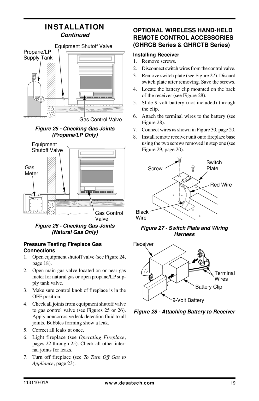 Desa VMH26NRB, EFS26NRA, EFS26PRA, VMH26PRB Pressure Testing Fireplace Gas Connections, Installing Receiver 