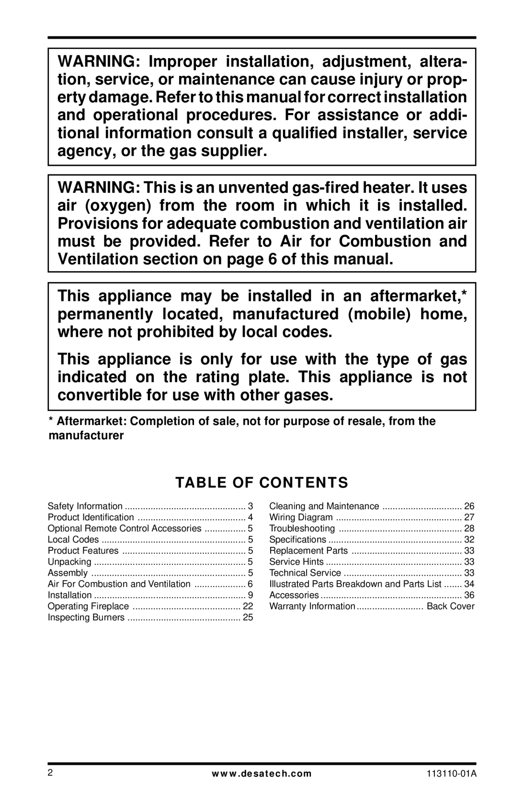 Desa VMH26PRB, EFS26NRA, EFS26PRA, VMH26NRB installation manual Table of Contents 