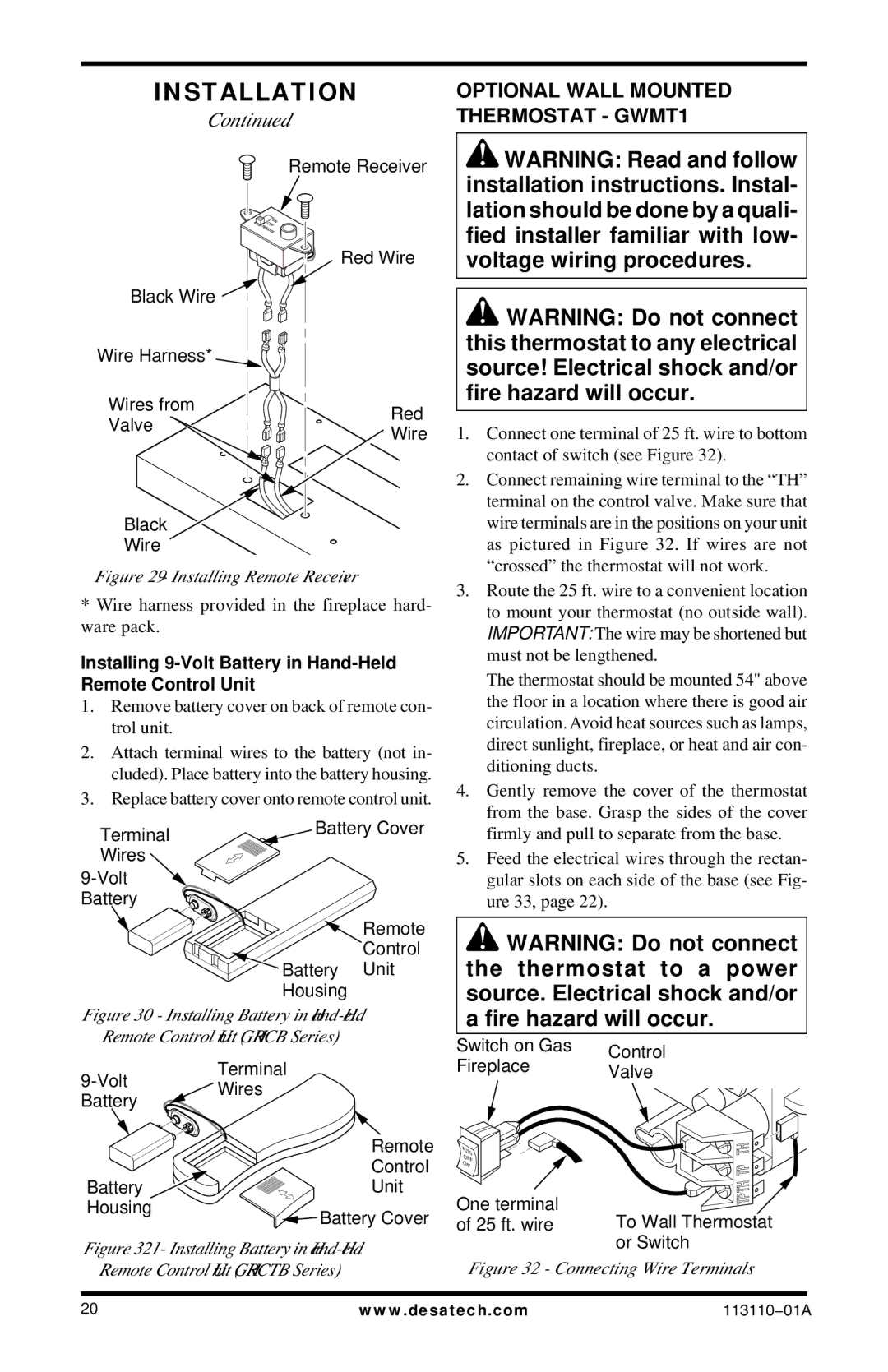 Desa EFS26NRA, EFS26PRA Optional Wall Mounted, Thermostat GWMT1, Wire harness provided in the fireplace hard- ware pack 