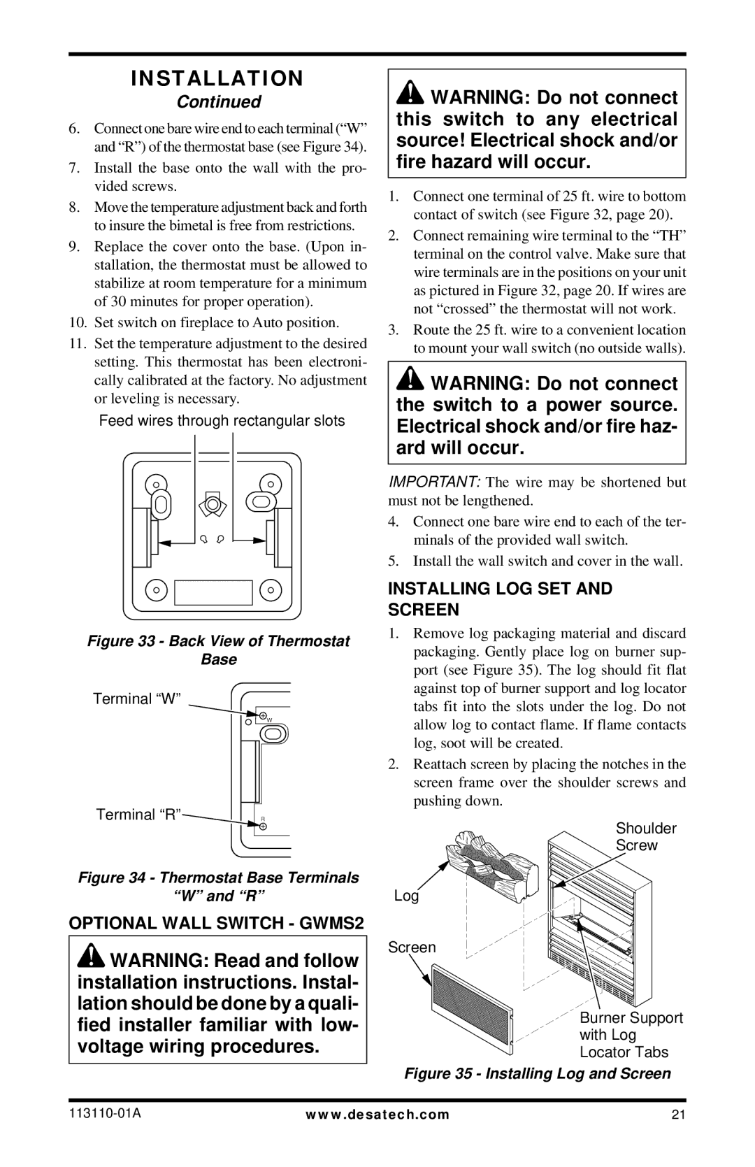 Desa EFS26PRA, EFS26NRA, VMH26PRB, VMH26NRB installation manual Optional Wall Switch GWMS2, Installing LOG SET and Screen 