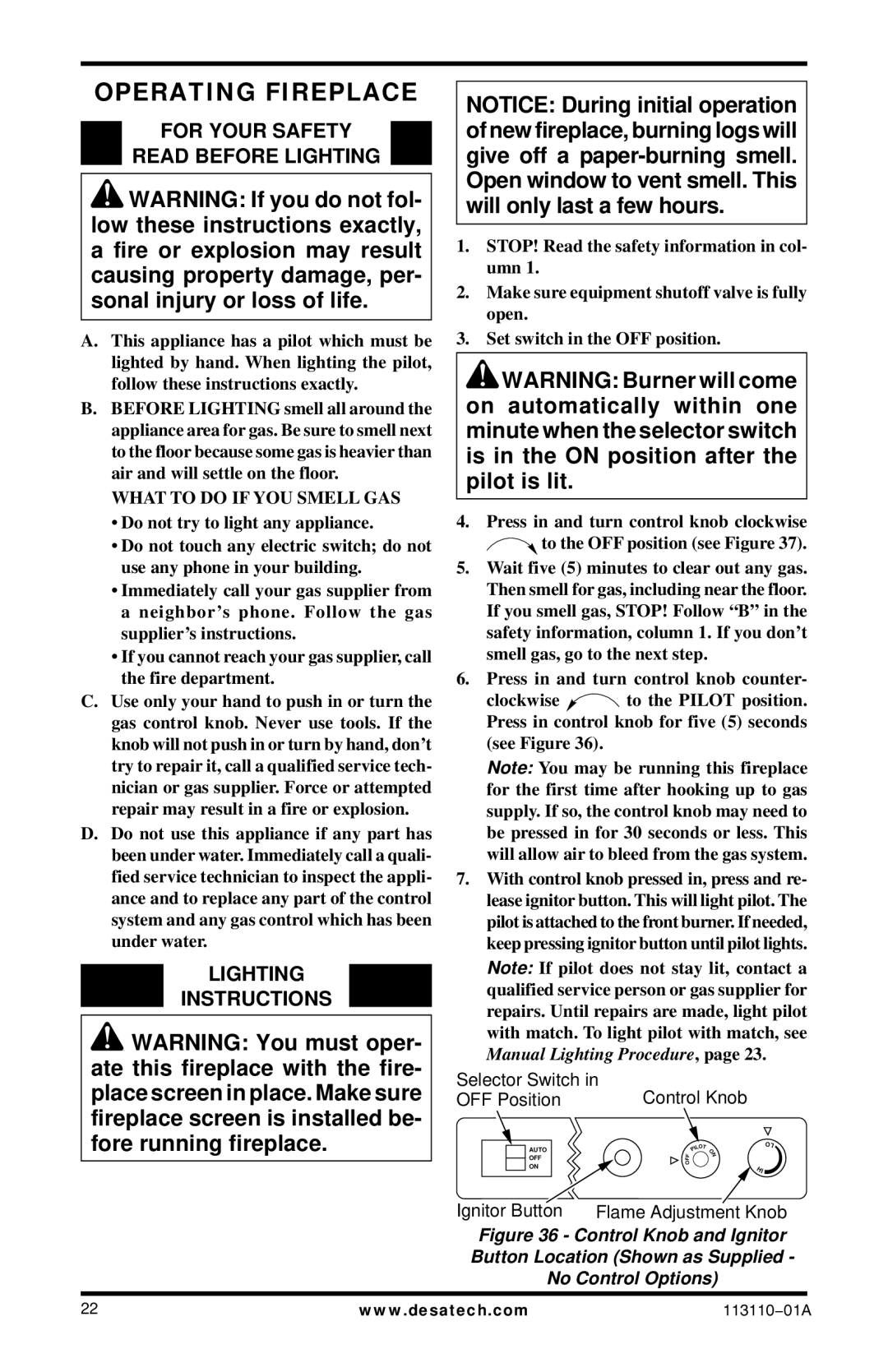 Desa VMH26PRB, EFS26NRA, EFS26PRA, VMH26NRB Operating Fireplace, For Your Safety Read Before Lighting, Lighting Instructions 