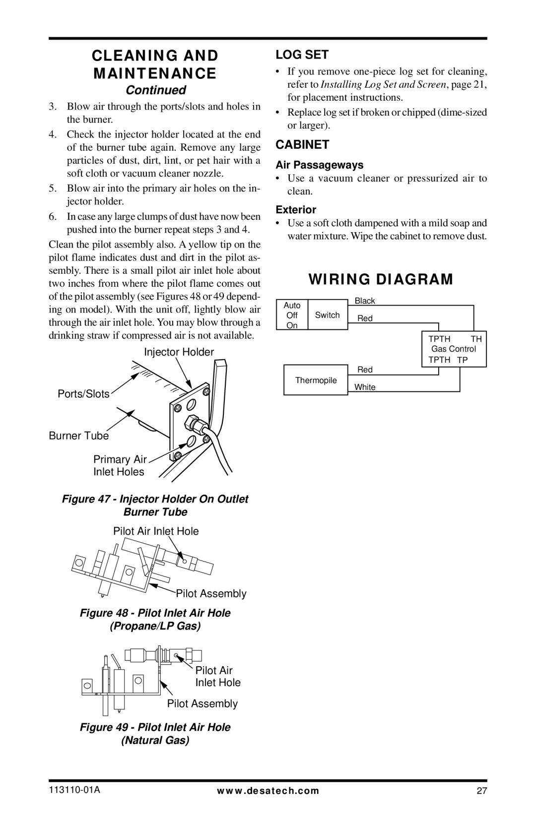 Desa VMH26NRB, EFS26NRA, EFS26PRA, VMH26PRB installation manual Wiring Diagram, Log Set, Cabinet, Air Passageways, Exterior 