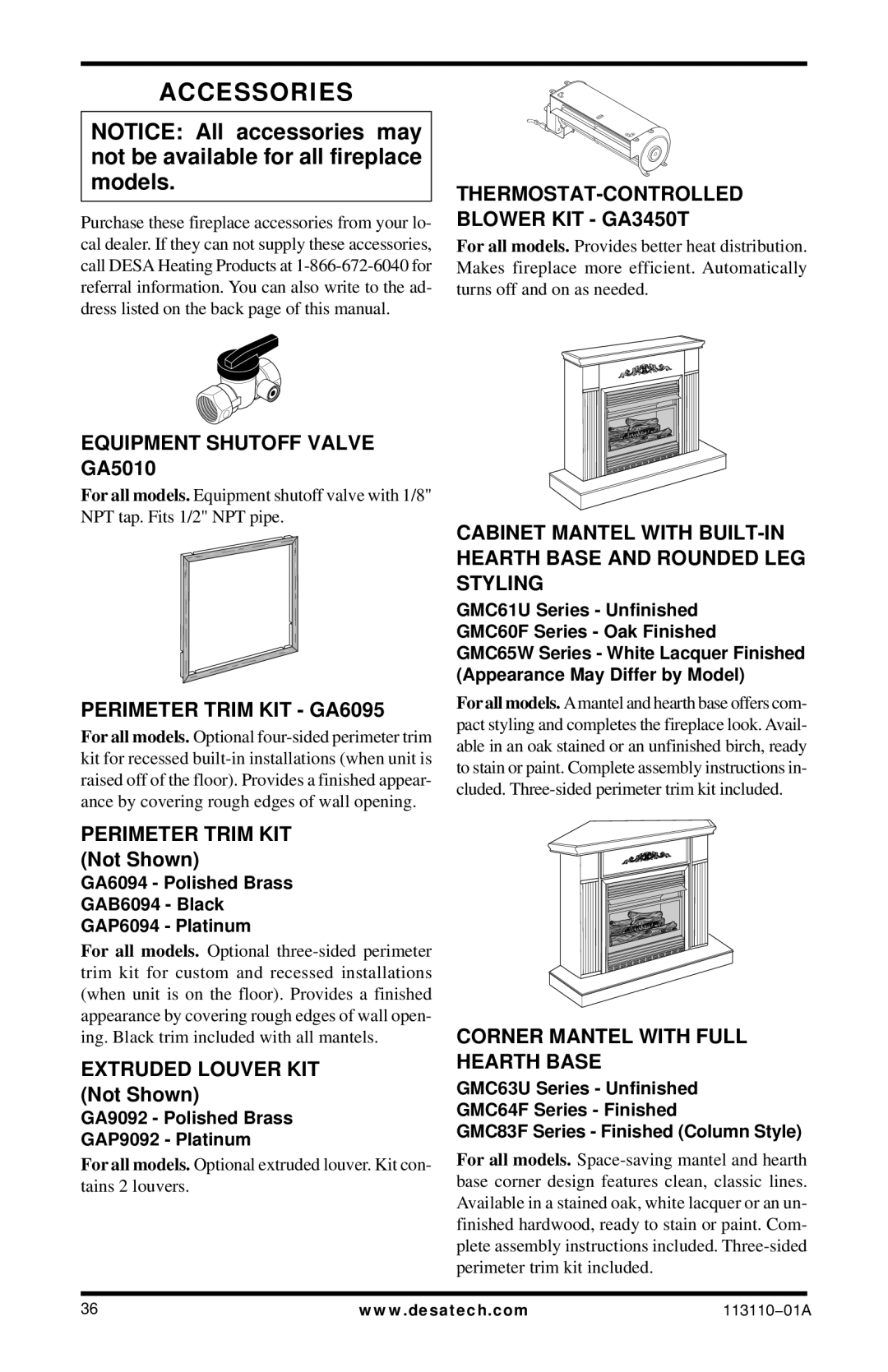 Desa EFS26NRA Accessories, Equipment Shutoff Valve GA5010, Perimeter Trim KIT GA6095, Corner Mantel with Full Hearth Base 