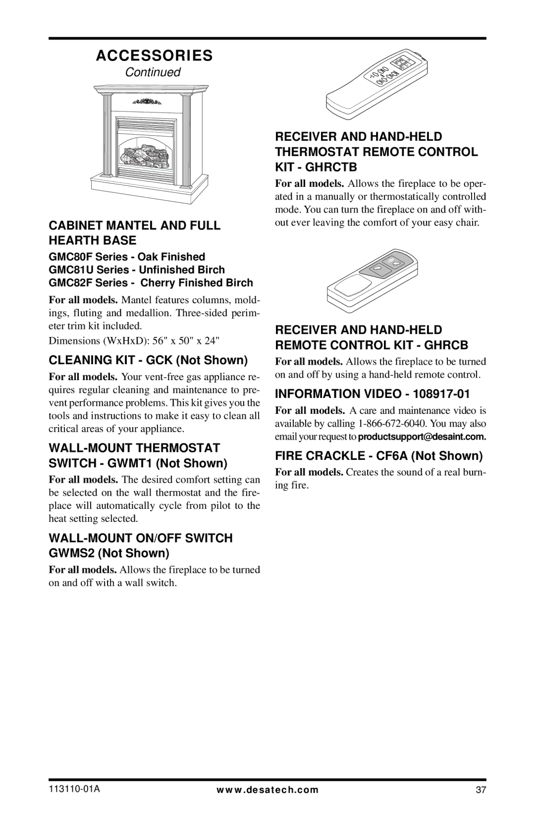 Desa EFS26PRA, EFS26NRA Cabinet Mantel and Full Hearth Base, Receiver and HAND-HELD Thermostat Remote Control KIT Ghrctb 