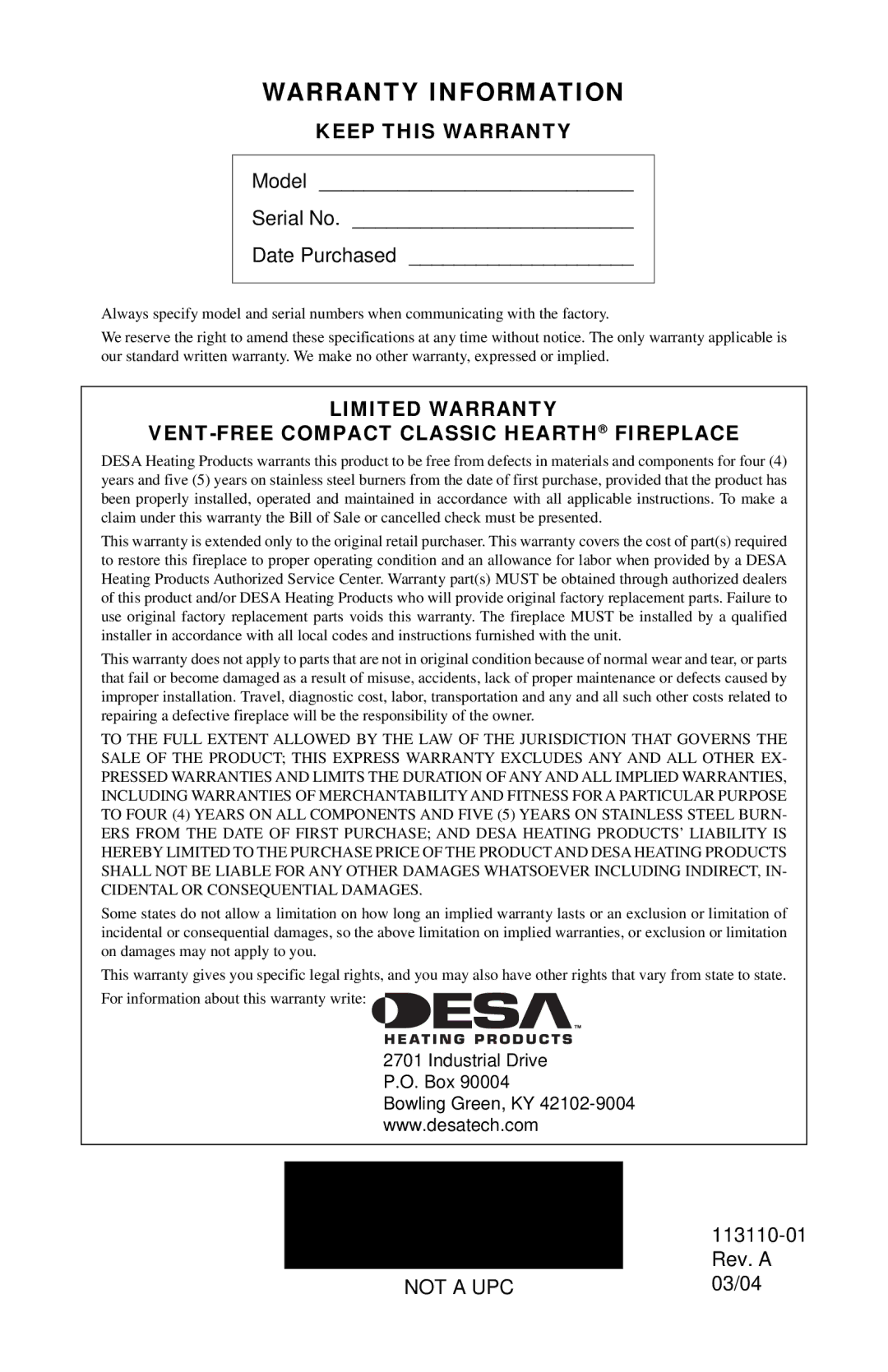 Desa EFS26NRA Warranty Information, Keep this Warranty, Limited Warranty VENT-FREE Compact Classic Hearth Fireplace 