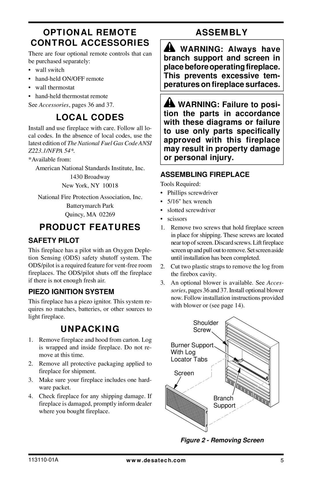 Desa EFS26PRA, EFS26NRA, VMH26PRB Optional Remote Control Accessories, Local Codes, Product Features, Unpacking, Assembly 