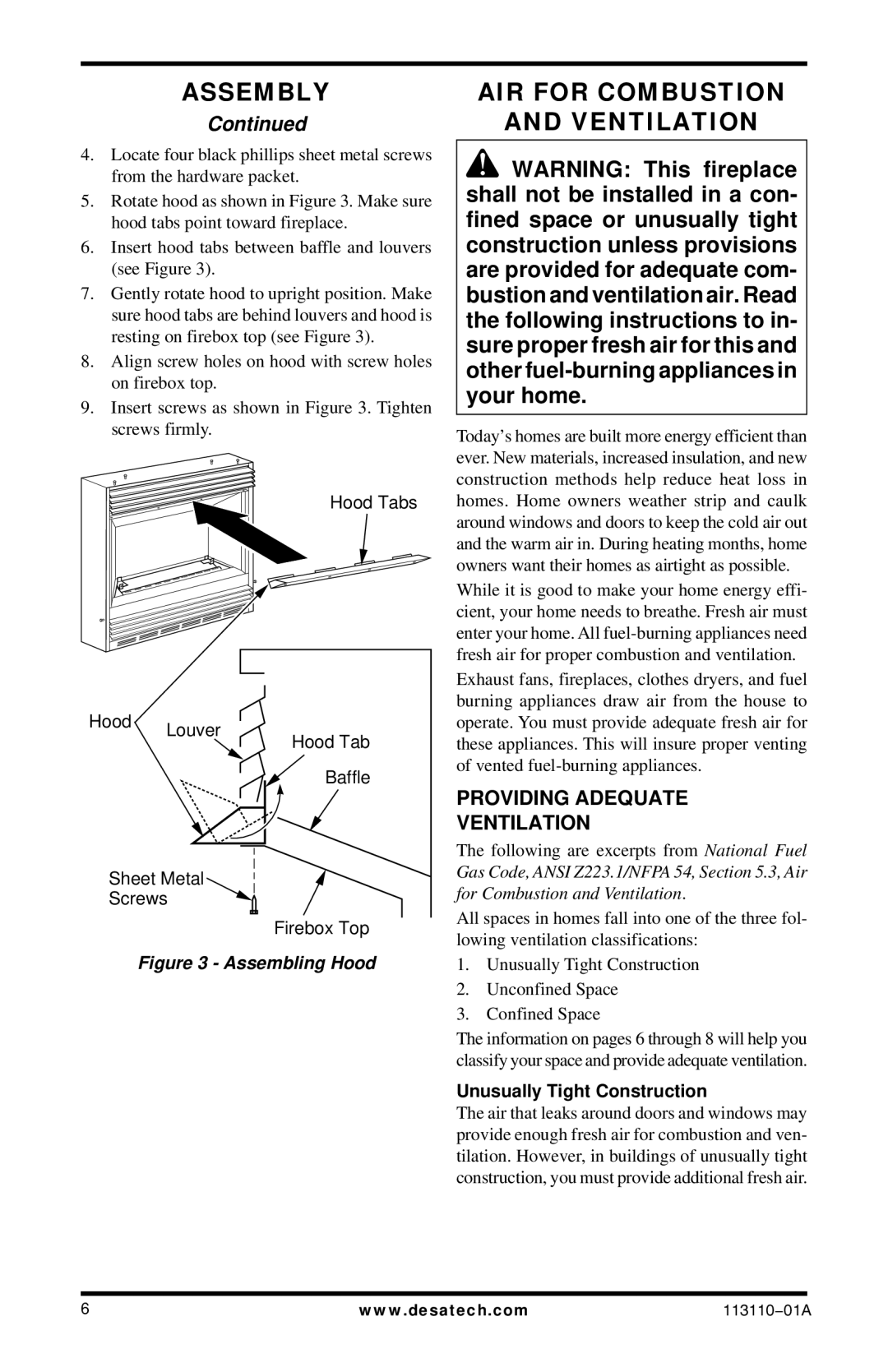 Desa VMH26PRB Assembly AIR for Combustion Ventilation, Providing Adequate Ventilation, Unusually Tight Construction 