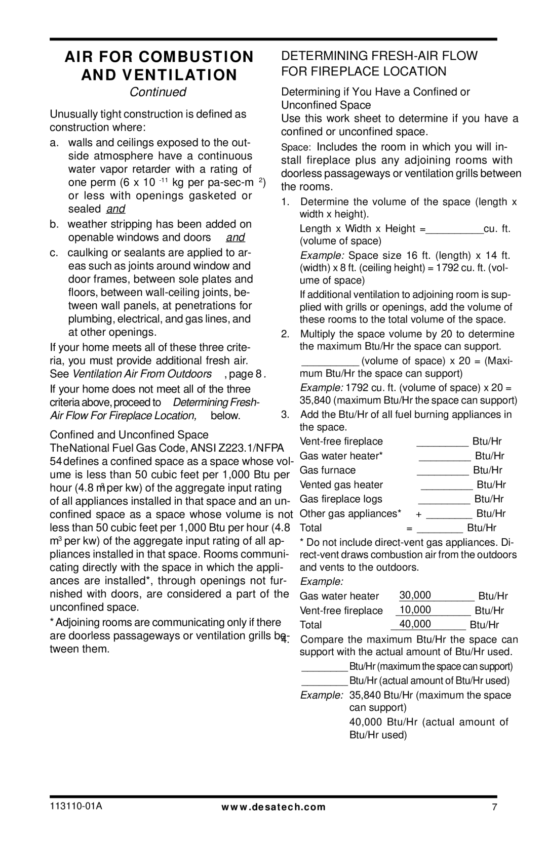 Desa VMH26NRB, EFS26NRA, EFS26PRA AIR for Combustion Ventilation, Determining FRESH-AIR Flow for Fireplace Location 