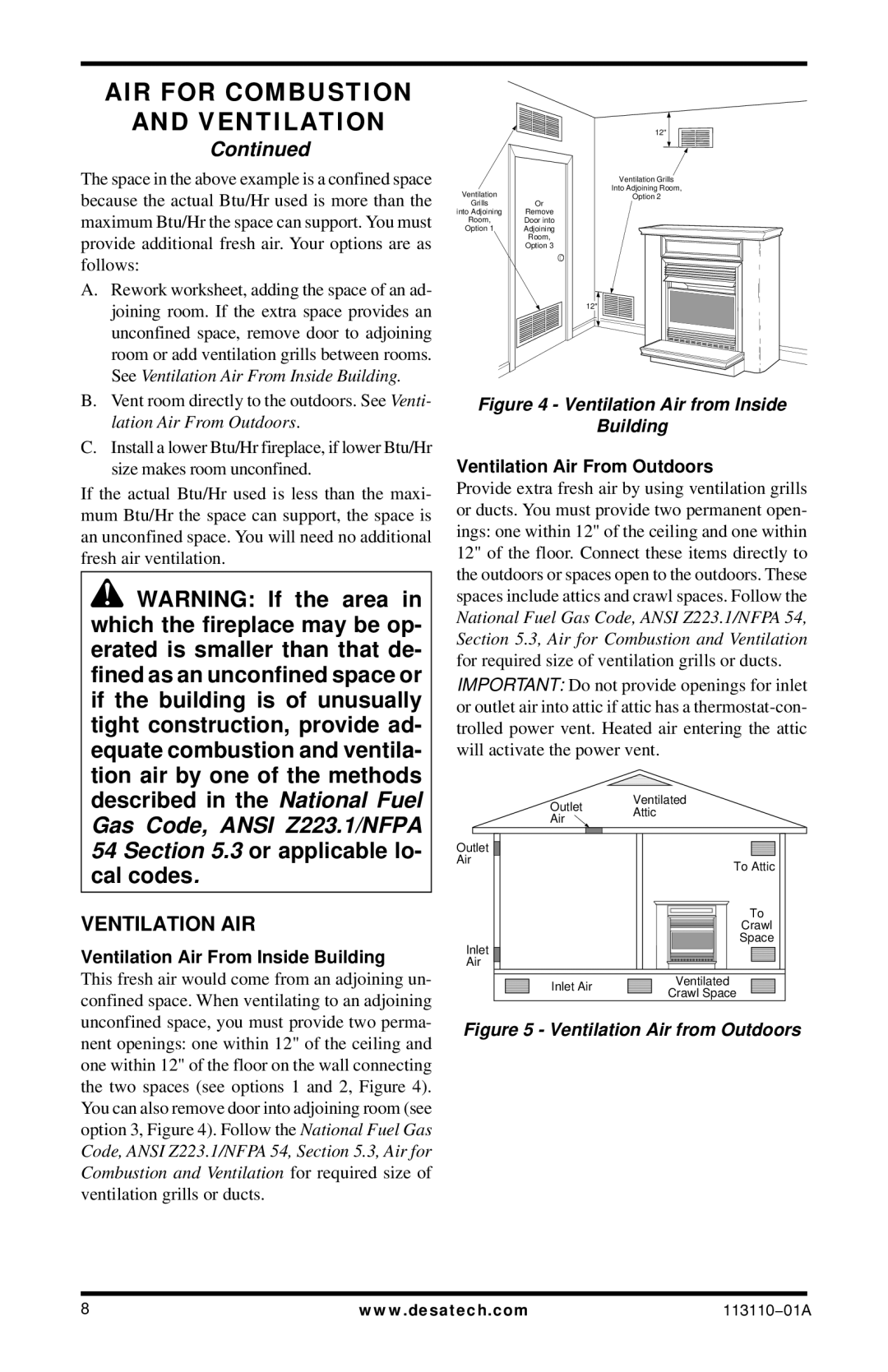 Desa EFS26NRA, EFS26PRA, VMH26PRB Ventilation AIR, Ventilation Air From Inside Building, Ventilation Air From Outdoors 