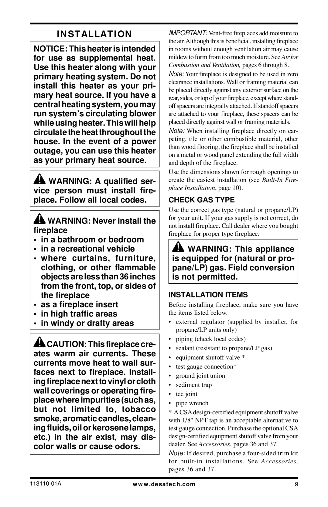 Desa EFS26PRA, EFS26NRA, VMH26PRB, VMH26NRB installation manual Check GAS Type, Installation Items 