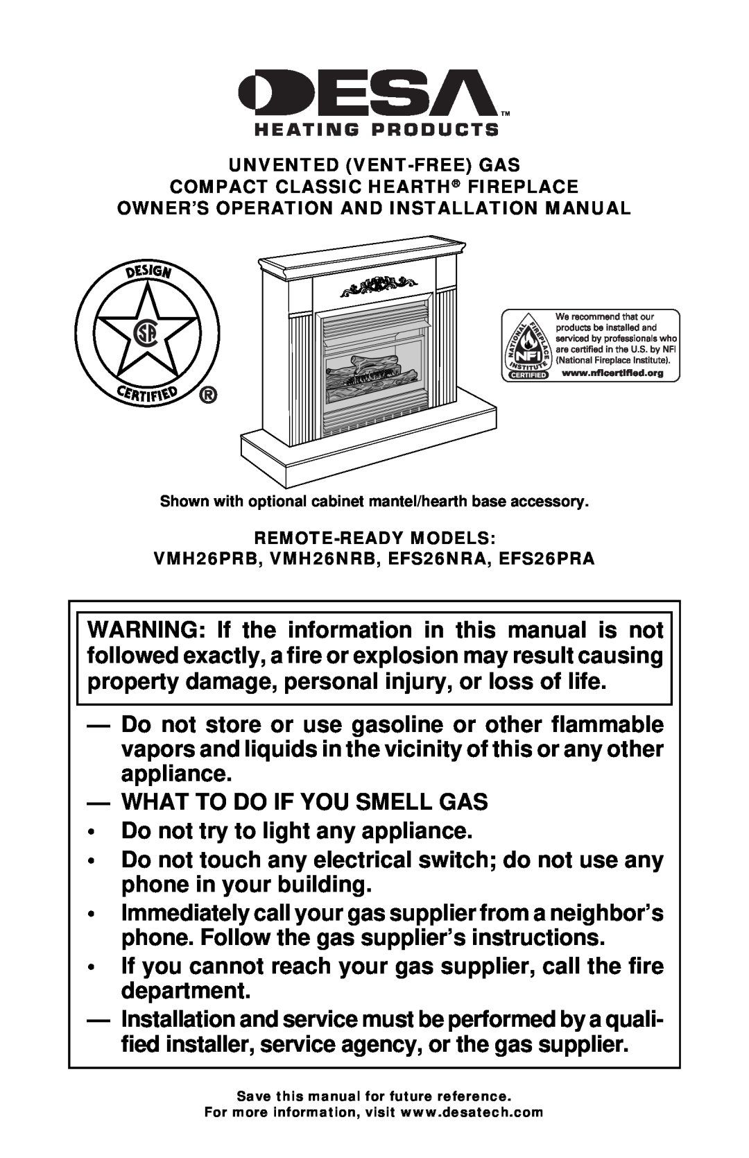 Desa EFS26PRA, EFS26NRA, VMH26PRB, VMH26NRB installation manual What To Do If You Smell Gas 