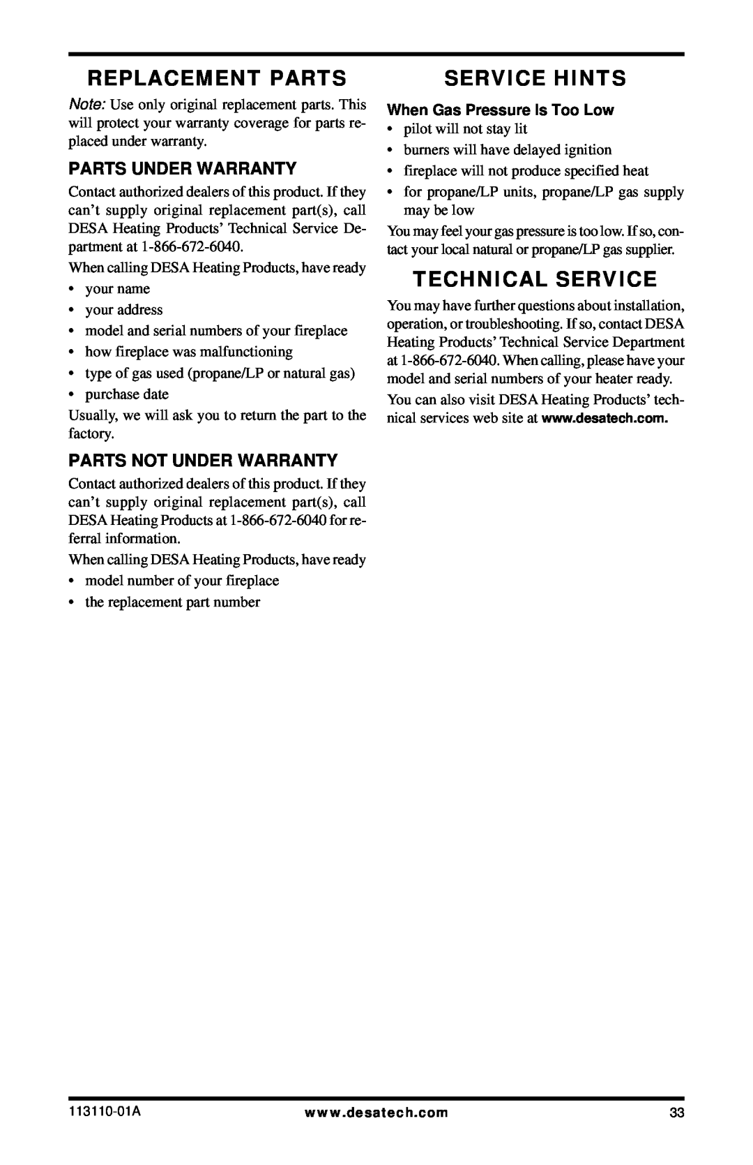 Desa EFS26PRA Replacement Parts, Service Hints, Technical Service, Parts Under Warranty, Parts Not Under Warranty 