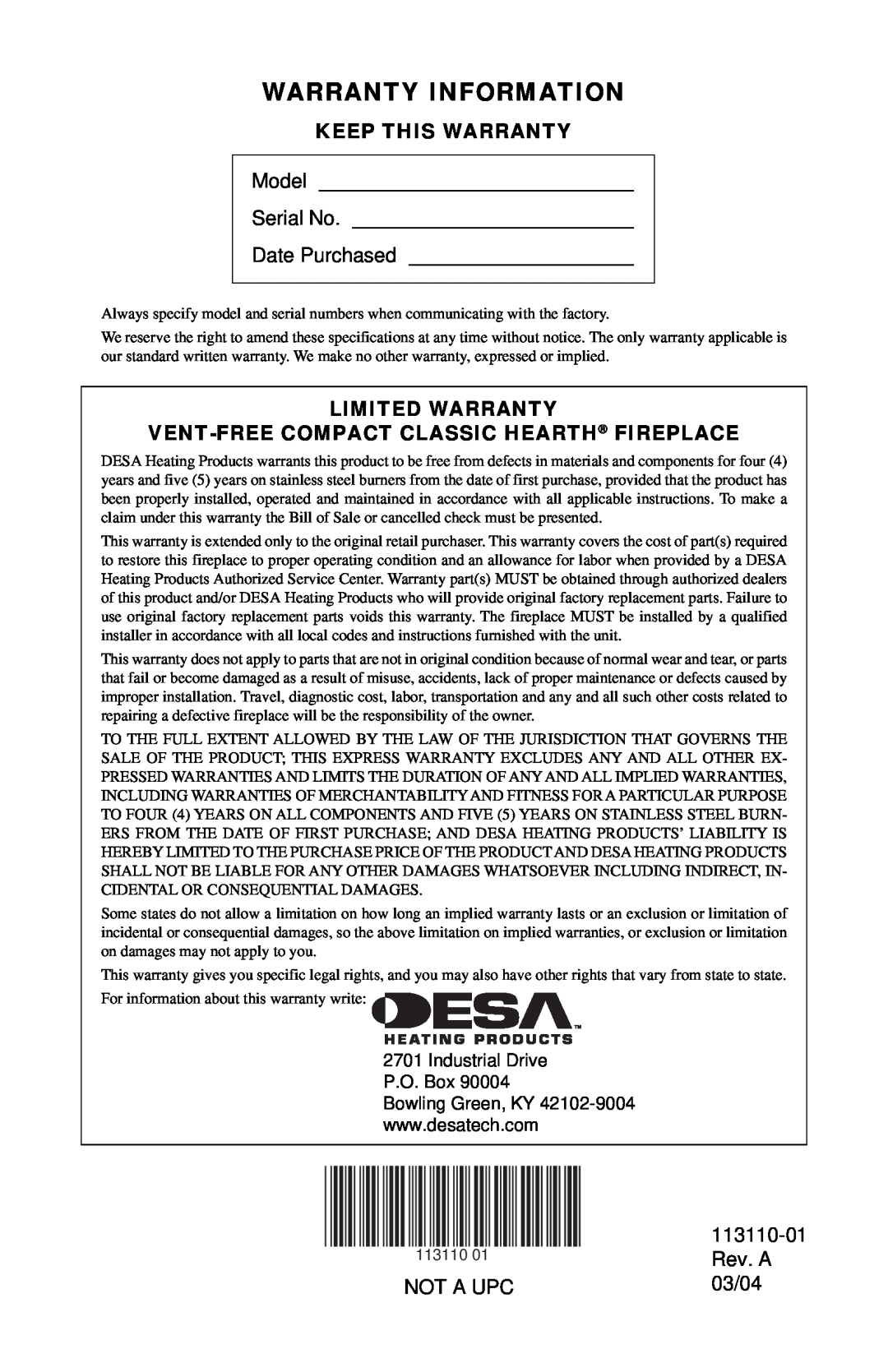 Desa EFS26NRA Warranty Information, Keep This Warranty, Model, Serial No, Date Purchased, Limited Warranty, 113110-01 