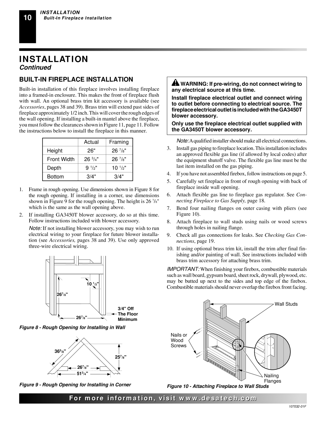 Desa VMH10TNB, EFS26PR, VMH26PRA, VMH26NRA BUILT-IN Fireplace Installation, Rough Opening for Installing in Wall 