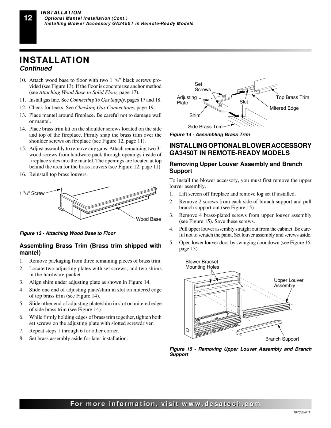 Desa EFS26PR Assembling Brass Trim Brass trim shipped with mantel, Removing Upper Louver Assembly and Branch Support 