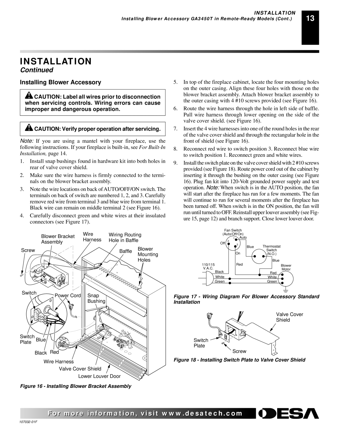 Desa VMH26PRA, EFS26PR, VMH10TNB, VMH26NRA installation manual Installing Blower Accessory, Installing Blower Bracket Assembly 