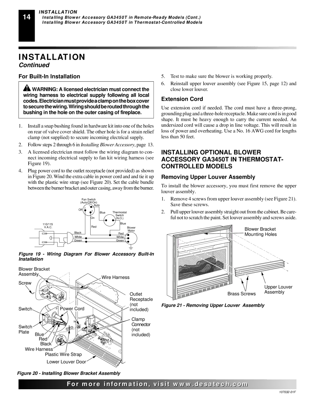 Desa VMH10TNB, EFS26PR, VMH26PRA, VMH26NRA For Built-In Installation, Extension Cord, Removing Upper Louver Assembly 