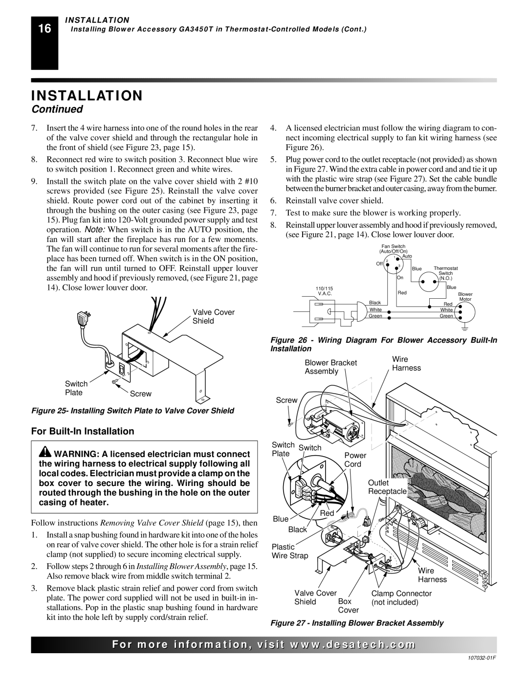 Desa EFS26PR, VMH26PRA, VMH10TNB, VMH26NRA installation manual Valve Cover Shield Switch PlateScrew 