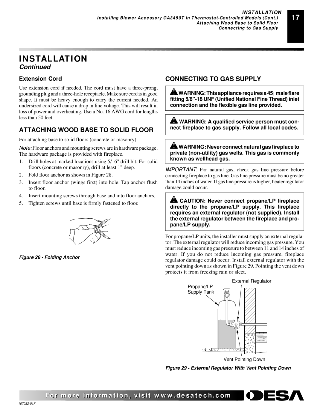 Desa VMH26PRA, EFS26PR, VMH10TNB, VMH26NRA installation manual Attaching Wood Base to Solid Floor, Connecting to GAS Supply 