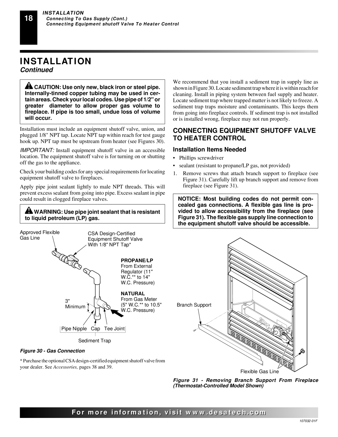 Desa VMH10TNB, EFS26PR, VMH26PRA, VMH26NRA Connecting Equipment Shutoff Valve to Heater Control, Installation Items Needed 