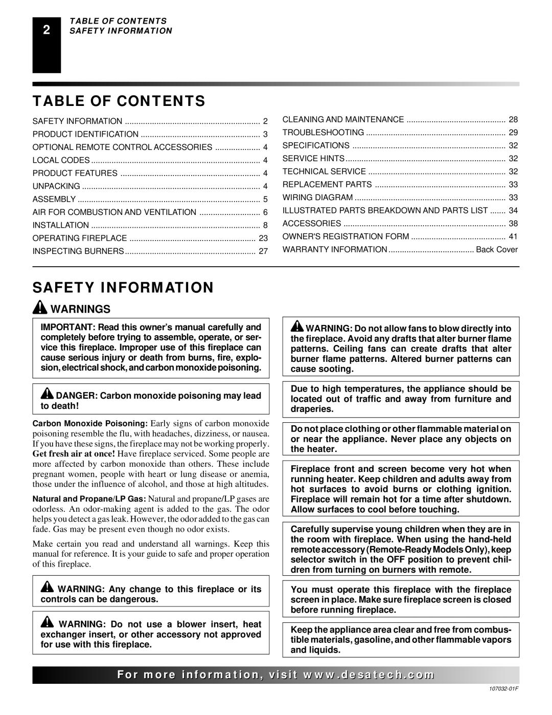 Desa VMH10TNB, EFS26PR, VMH26PRA, VMH26NRA installation manual Table of Contents, Safety Information 