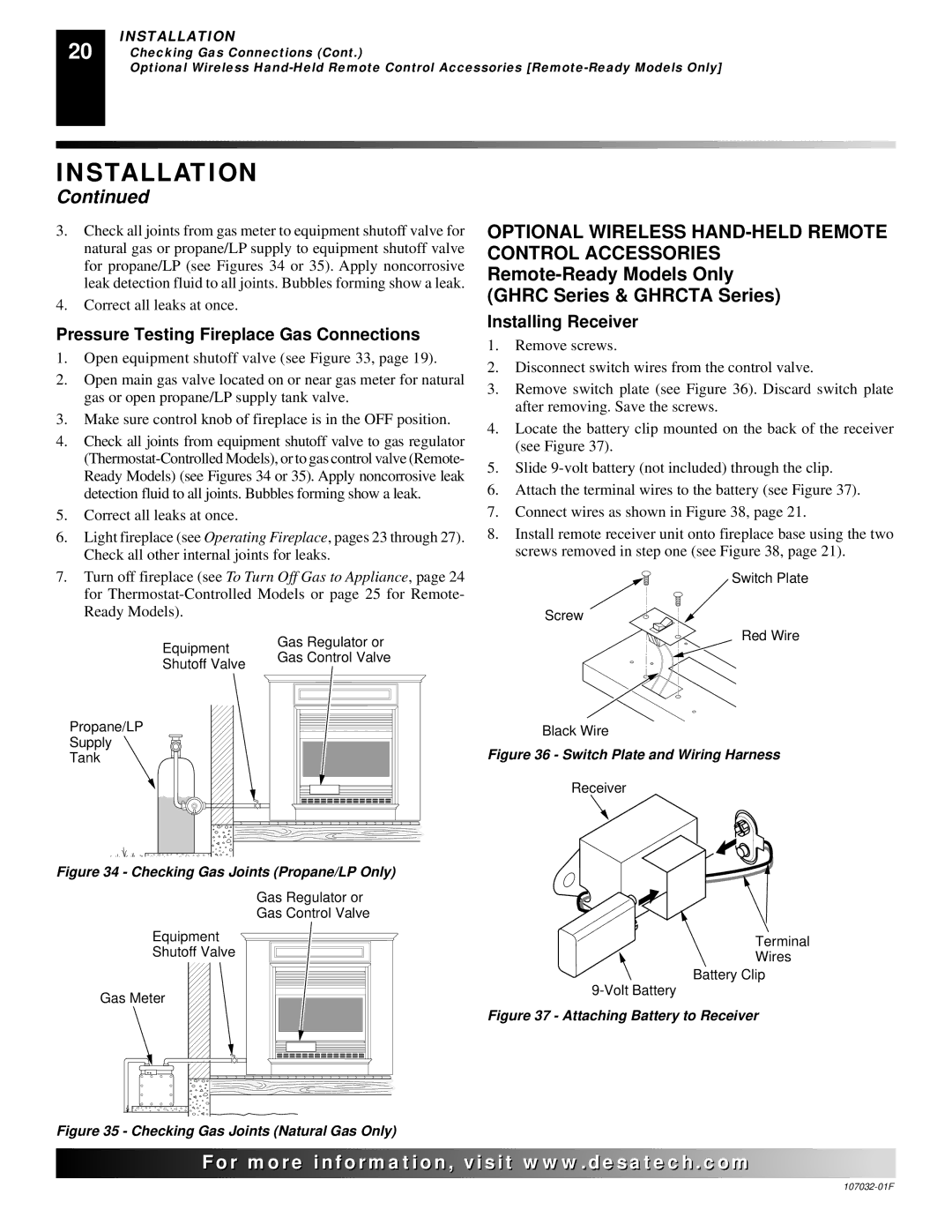 Desa EFS26PR, VMH26PRA Optional Wireless HAND-HELD Remote Control Accessories, Pressure Testing Fireplace Gas Connections 