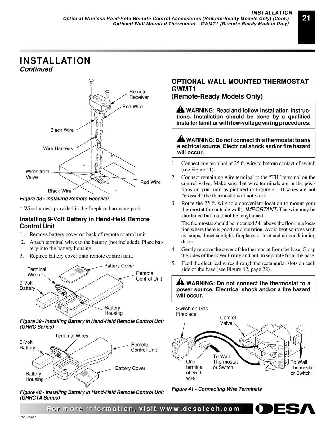 Desa VMH26PRA, EFS26PR Optional Wall Mounted Thermostat GWMT1, Installing 9-Volt Battery in Hand-Held Remote Control Unit 