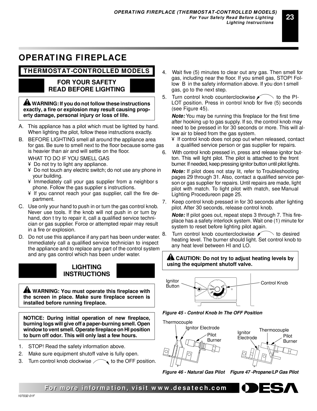 Desa VMH26NRA, EFS26PR, VMH26PRA, VMH10TNB installation manual Operating Fireplace, Lighting Instructions 