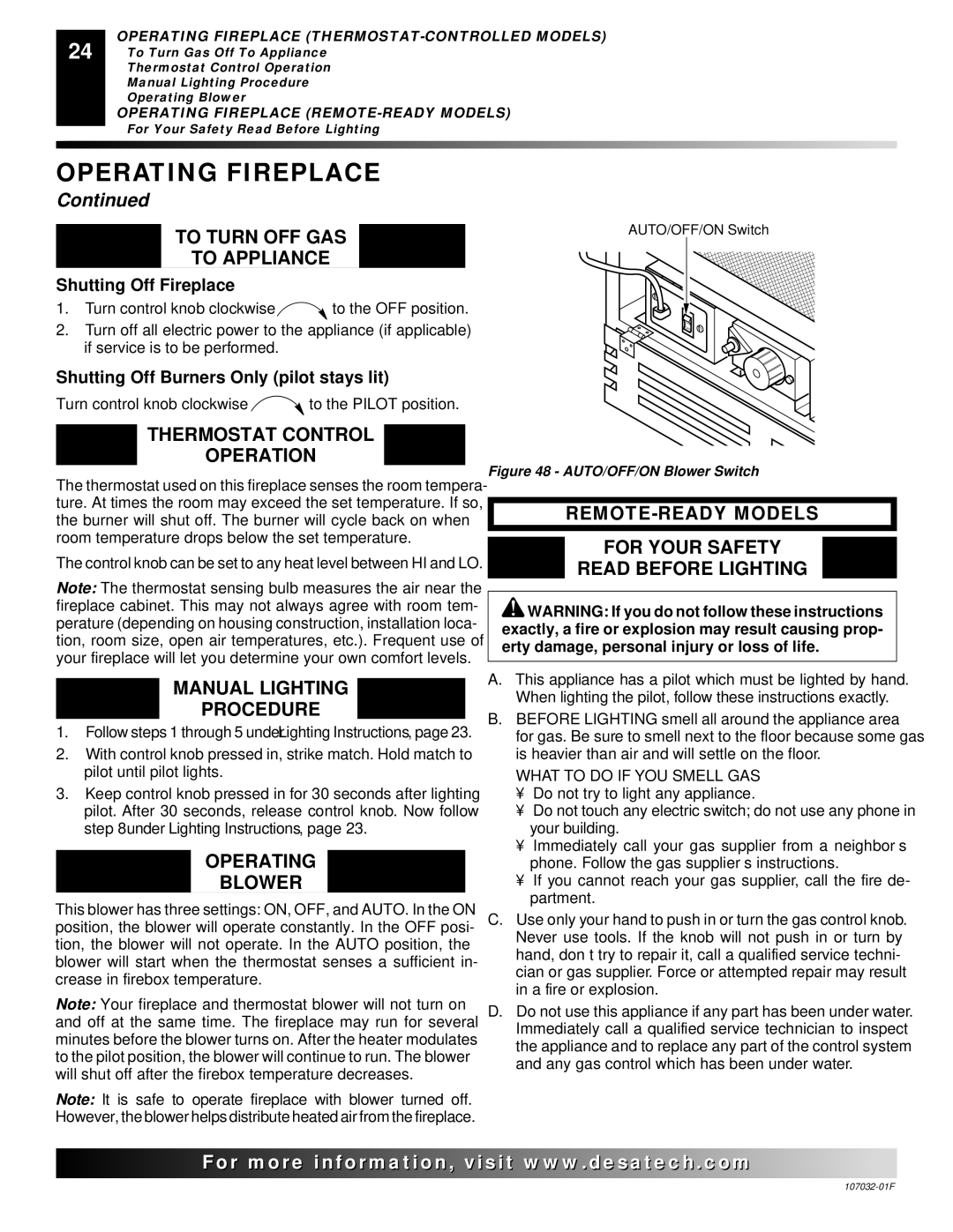 Desa EFS26PR To Turn OFF GAS To Appliance, Thermostat Control Operation, Manual Lighting Procedure, Operating Blower 