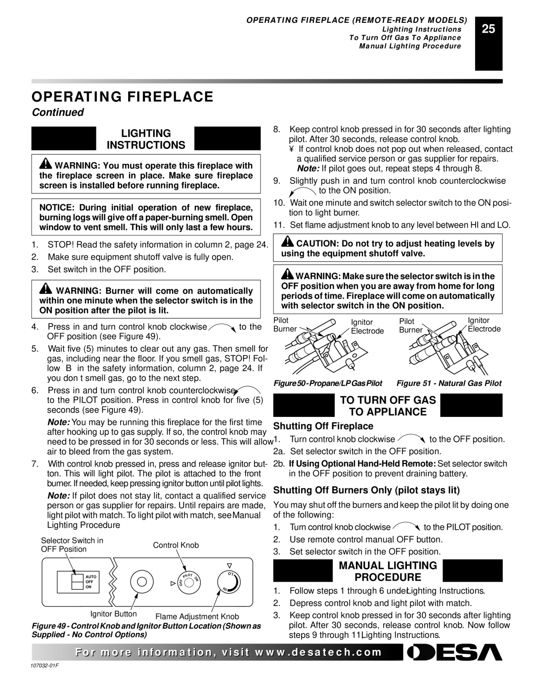 Desa VMH26PRA, EFS26PR, VMH10TNB, VMH26NRA installation manual Propane/LPGasPilot Natural Gas Pilot 