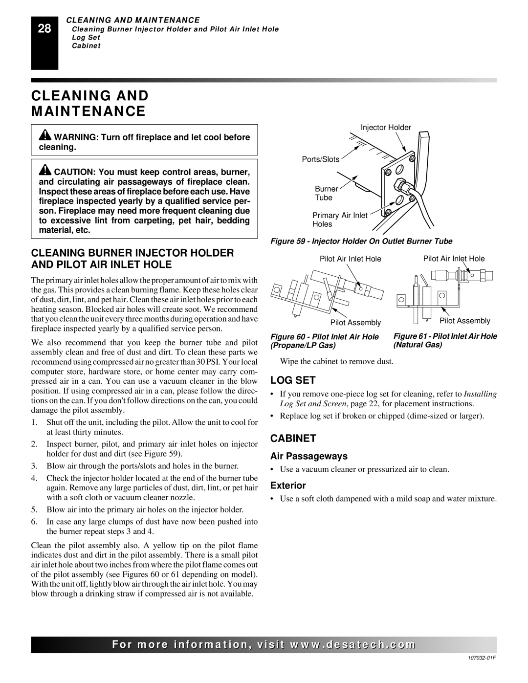 Desa EFS26PR, VMH26PRA Cleaning Maintenance, Cleaning Burner Injector Holder and Pilot AIR Inlet Hole, Log Set, Cabinet 