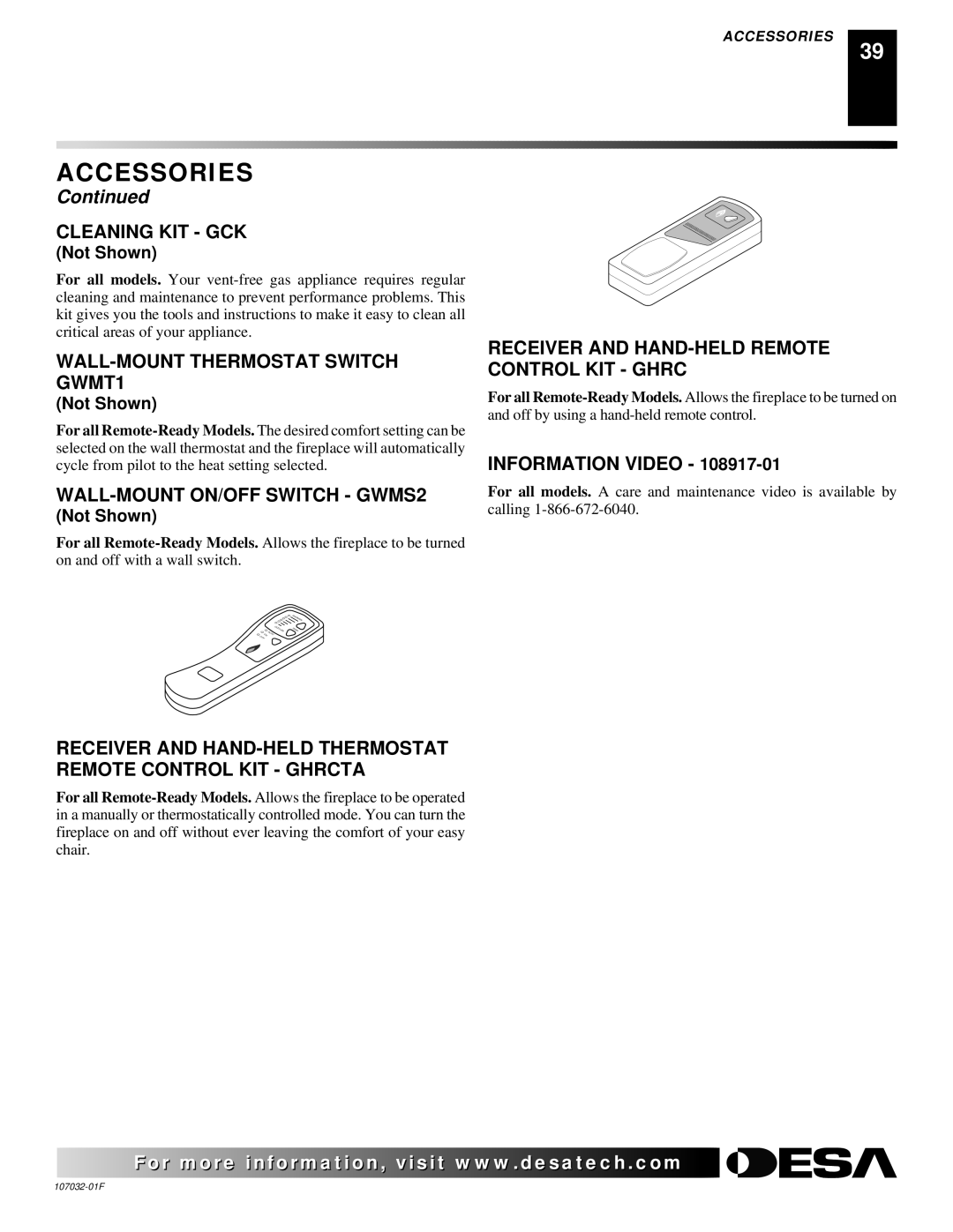 Desa VMH26NRA Cleaning KIT GCK, WALL-MOUNT Thermostat Switch GWMT1, WALL-MOUNT ON/OFF Switch GWMS2, Information Video 