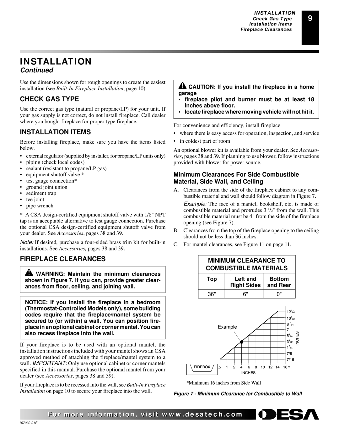 Desa VMH26PRA Check GAS Type, Installation Items, Fireplace Clearances, Minimum Clearance to Combustible Materials 