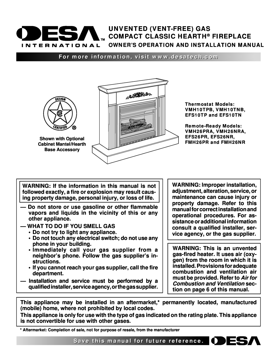 Desa VMH26PRA, EFS26PR, VMH10TNB installation manual Owner’S Operation And Installation Manual, What To Do If You Smell Gas 