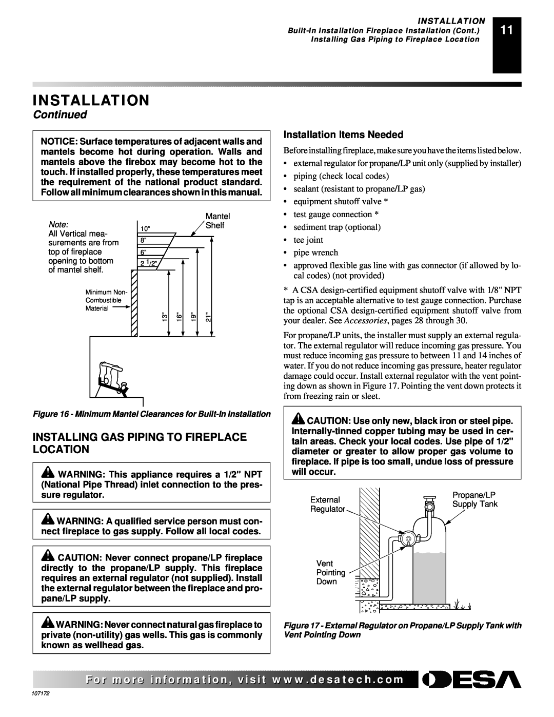 Desa VSGF33PR, EFS33NR installation manual Installing Gas Piping To Fireplace Location, Installation Items Needed, Continued 