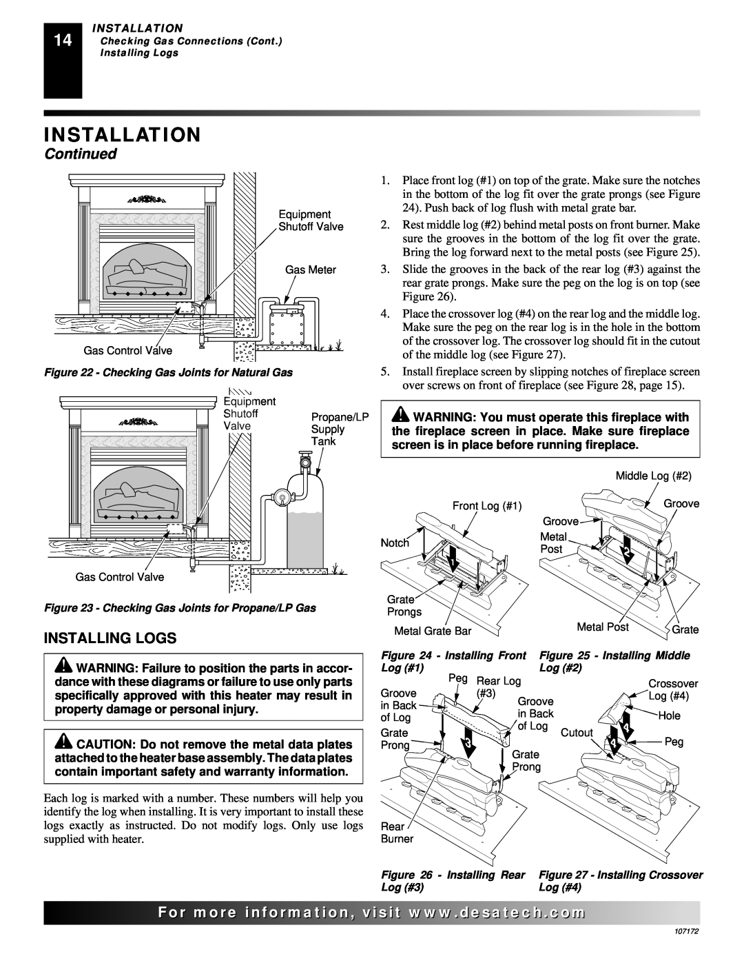 Desa EFS33NR, VSGF33PR installation manual Installing Logs, Installation, Continued 