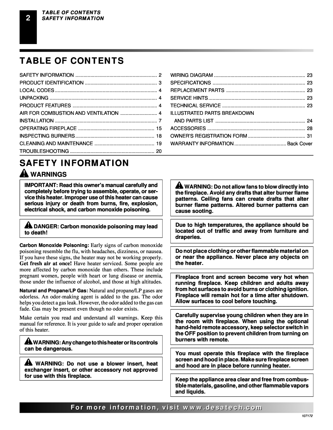 Desa EFS33NR, VSGF33PR installation manual Table Of Contents, Safety Information, Warnings 