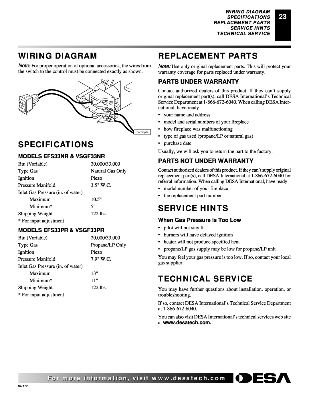Desa VSGF33PR Wiring Diagram, Specifications, Replacement Parts, Service Hints, Technical Service, Parts Under Warranty 
