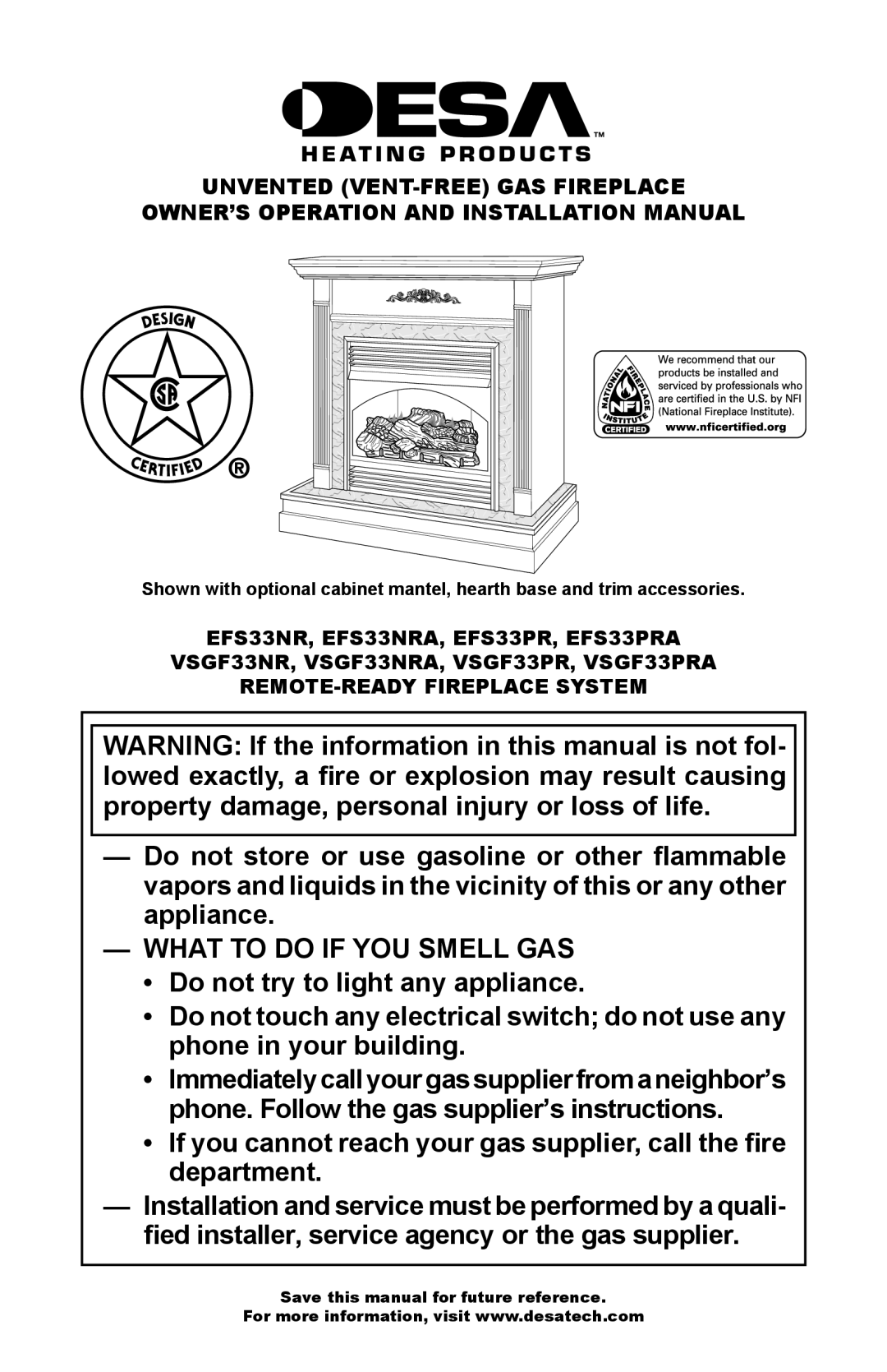 Desa VSGF33NRA, EFS33NRA installation manual What to do if YOU Smell GAS 