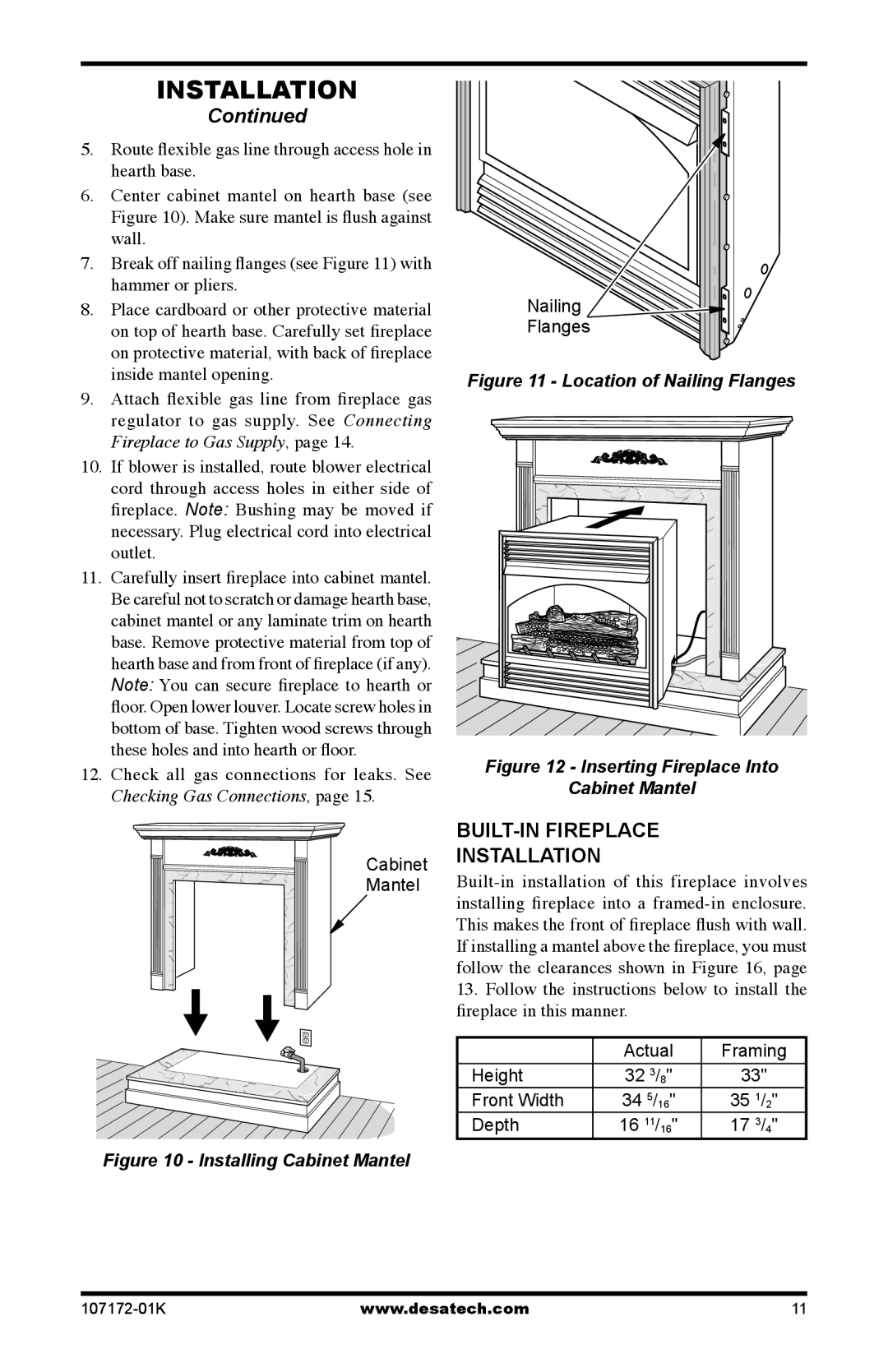 Desa VSGF33NRA, EFS33NRA installation manual BUILT-IN Fireplace Installation, Installing Cabinet Mantel 