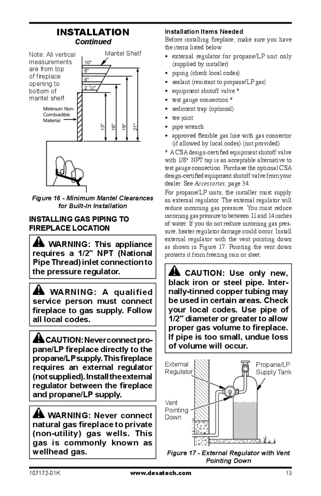 Desa VSGF33NRA, EFS33NRA installation manual Installing GAS Piping to Fireplace Location, Installation Items Needed 