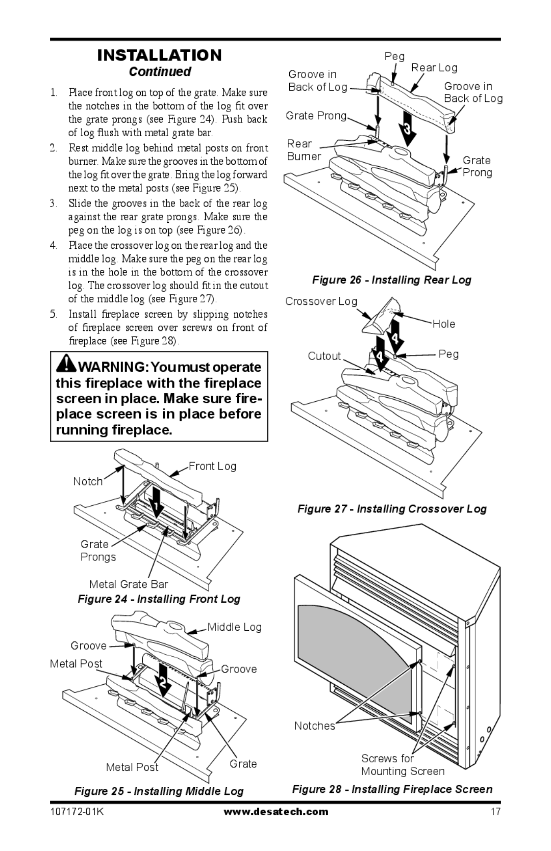 Desa VSGF33NRA, EFS33NRA installation manual Installing Front Log 