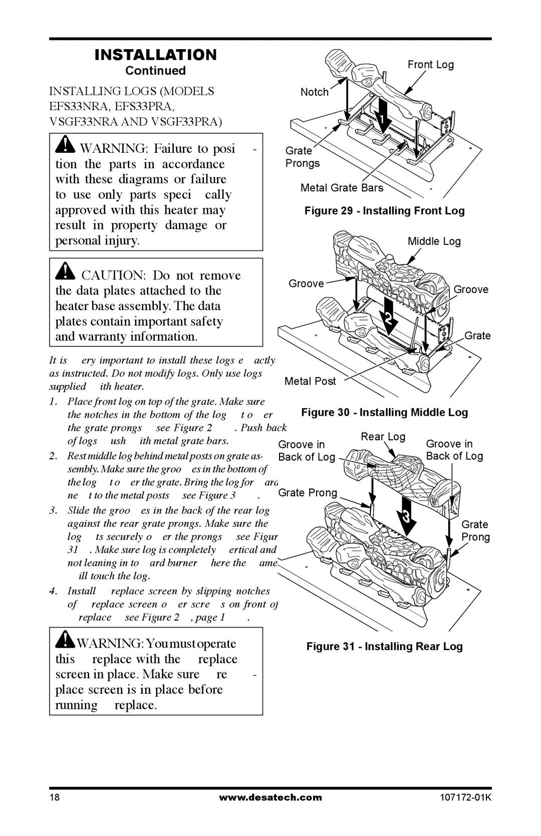 Desa EFS33NRA, VSGF33NRA installation manual Front Log Notch Grate Prongs Metal Grate Bars 