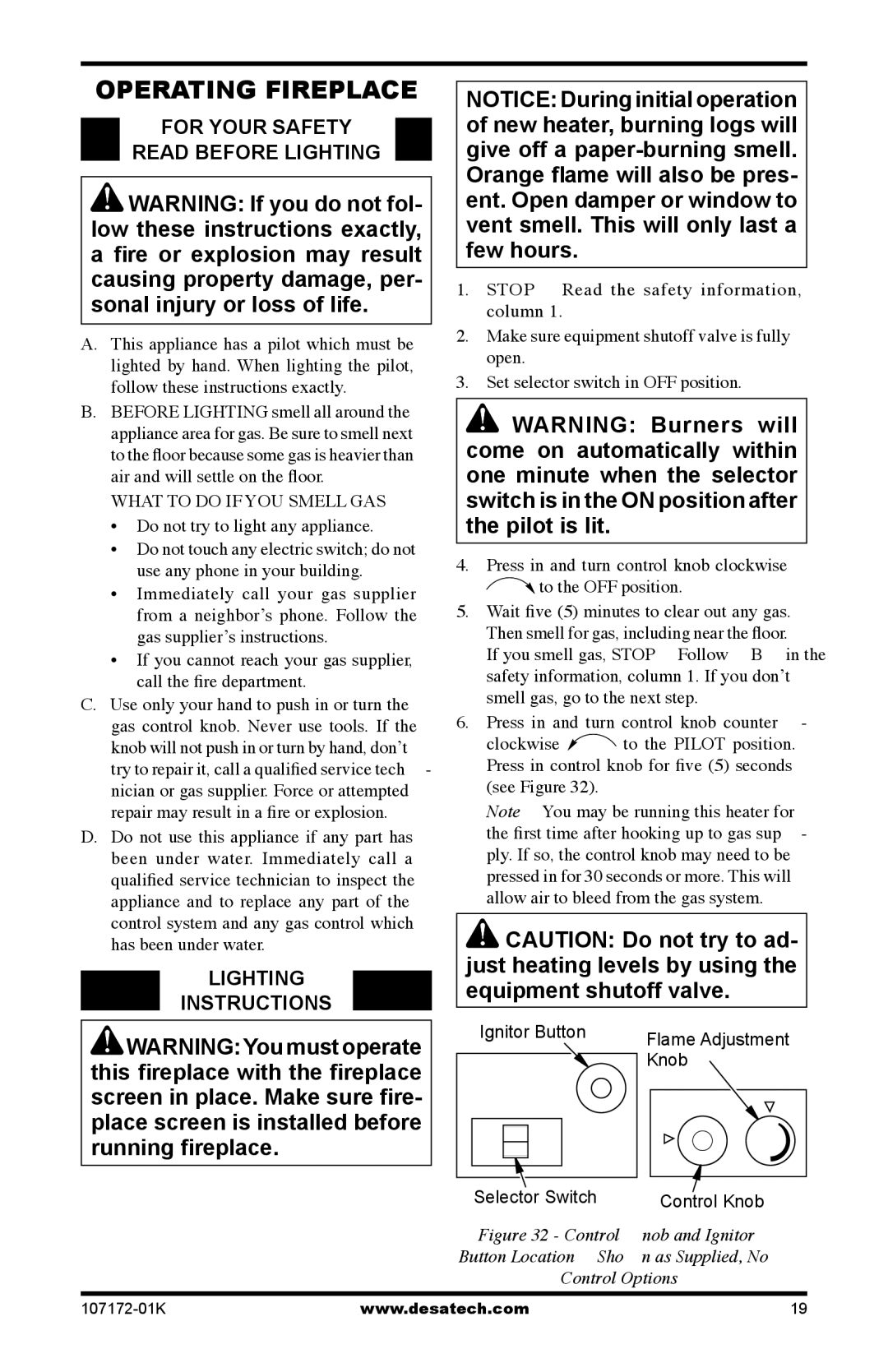 Desa VSGF33NRA, EFS33NRA Operating Fireplace, For Your Safety Read Before Lighting, Lighting Instructions 