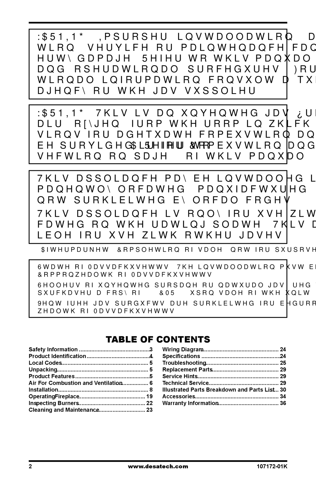 Desa EFS33NRA, VSGF33NRA installation manual Table of Contents 